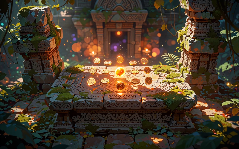 Gl&oslash;dende guldm&oslash;nter l&aring;st i et gitter over et stenalter - illustration af Hold & Win-slots