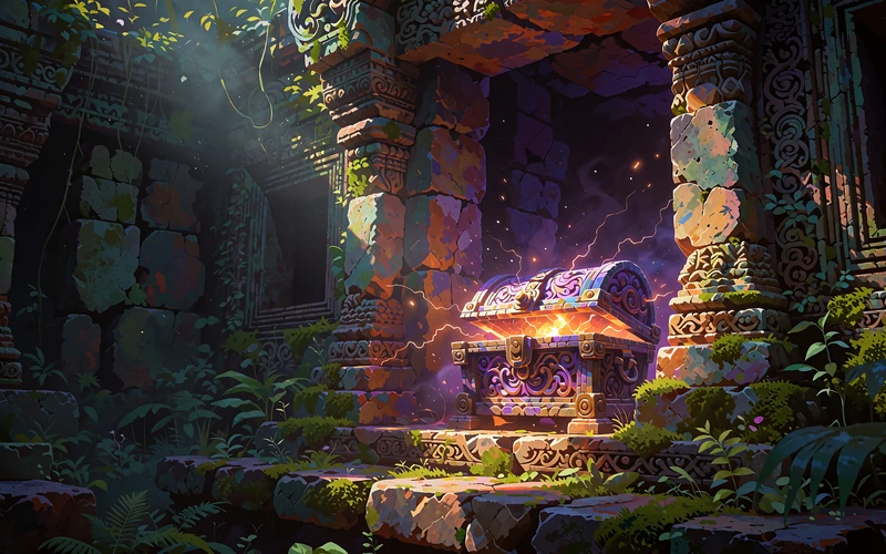 Halv&aring;ben stenkiste med violet lys og gnister - illustration af Bonus Buy-slots