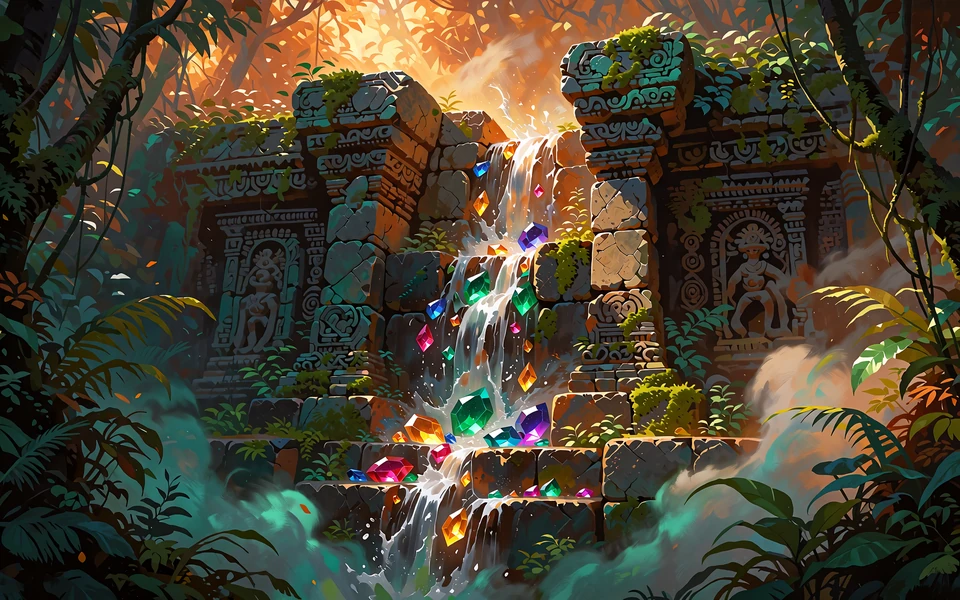Jungle-vandfald hvor slebne &aelig;delsten falder ned over templets trin - illustration af Megaways-slots