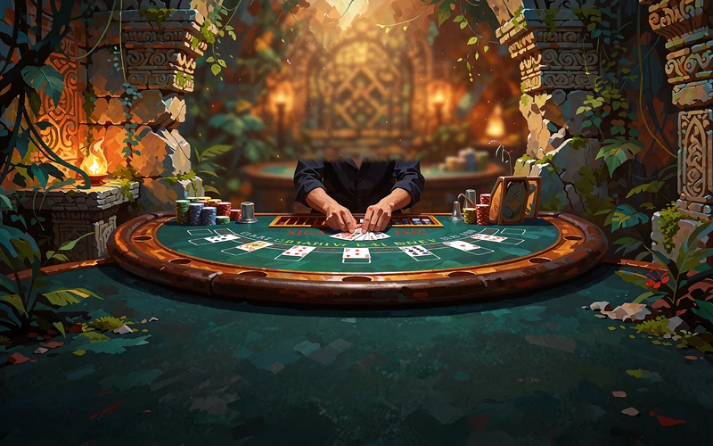 Dealer spreder spillekort p&aring; gr&oslash;nt blackjackbord i et varmt oplyst live casino-studie