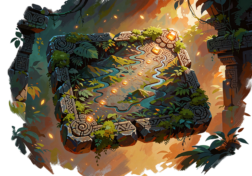 Skr&aring;tstillet sandstenstavle med relieffet af en jungledal og en stiplet sti mellem seks gyldne &aelig;delsten - Bonus Map