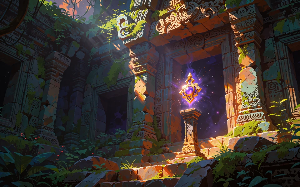 Gylden amulet med violet &aelig;delsten sv&aelig;ver over en stenpiedestal i et m&oslash;rkt tempelkammer - Bonus Buy-slots