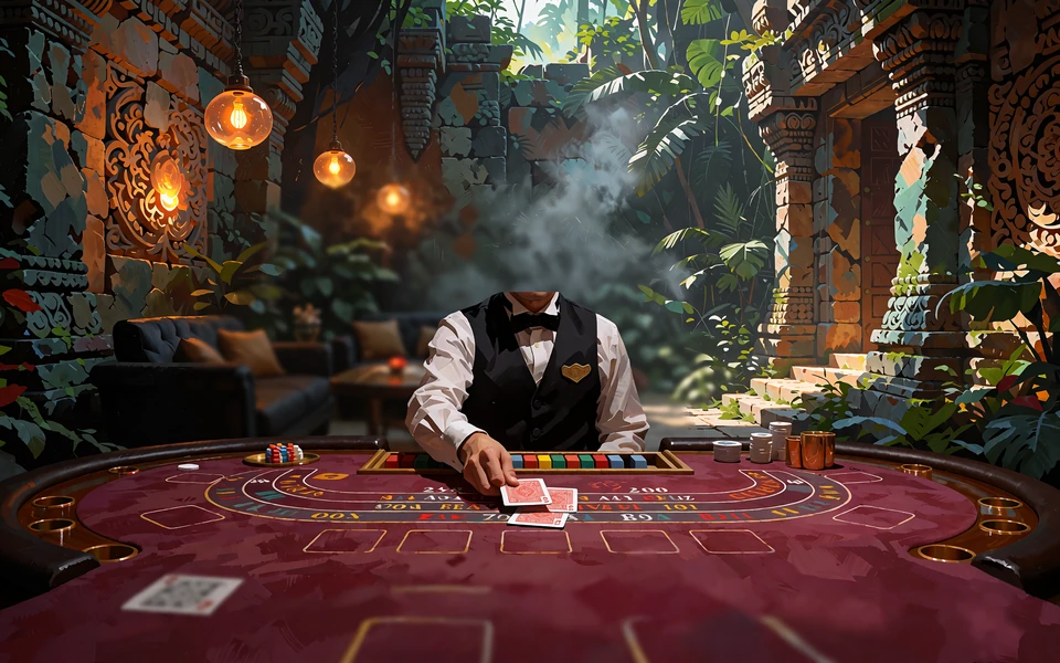 Baccaratbord med bordeauxr&oslash;d filt og en dealer i sort vest, der skubber to kort frem - live baccarat
