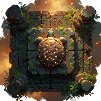 Firkantet sandstensflise med skildpadde, hvis skjold er et labyrintkort - symbol for Bonus Map